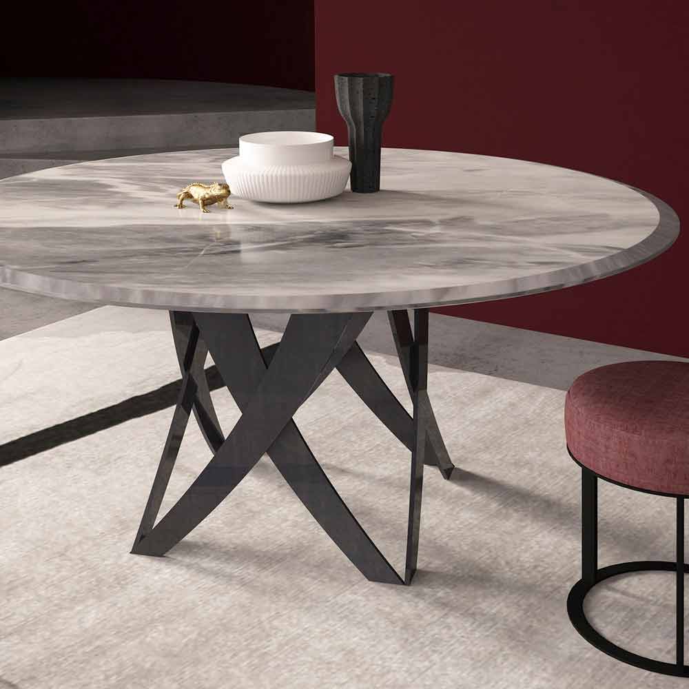 Tavolo rotondo in marmo Imperial Grey con base scultorea in metallo