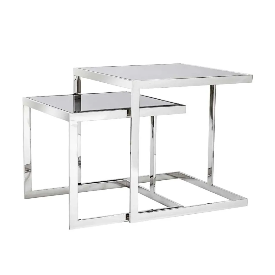 2 tavolini design moderno in acciaio con piano in vetro Bubbi Viadurini