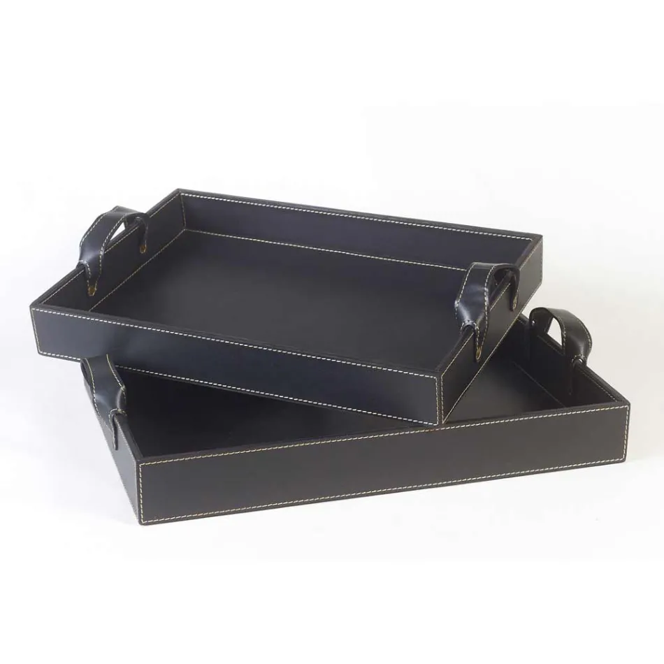 2 vassoi di design in cuoio nero 41x28x5cm e 45x32x6cm Anastasia Viadurini