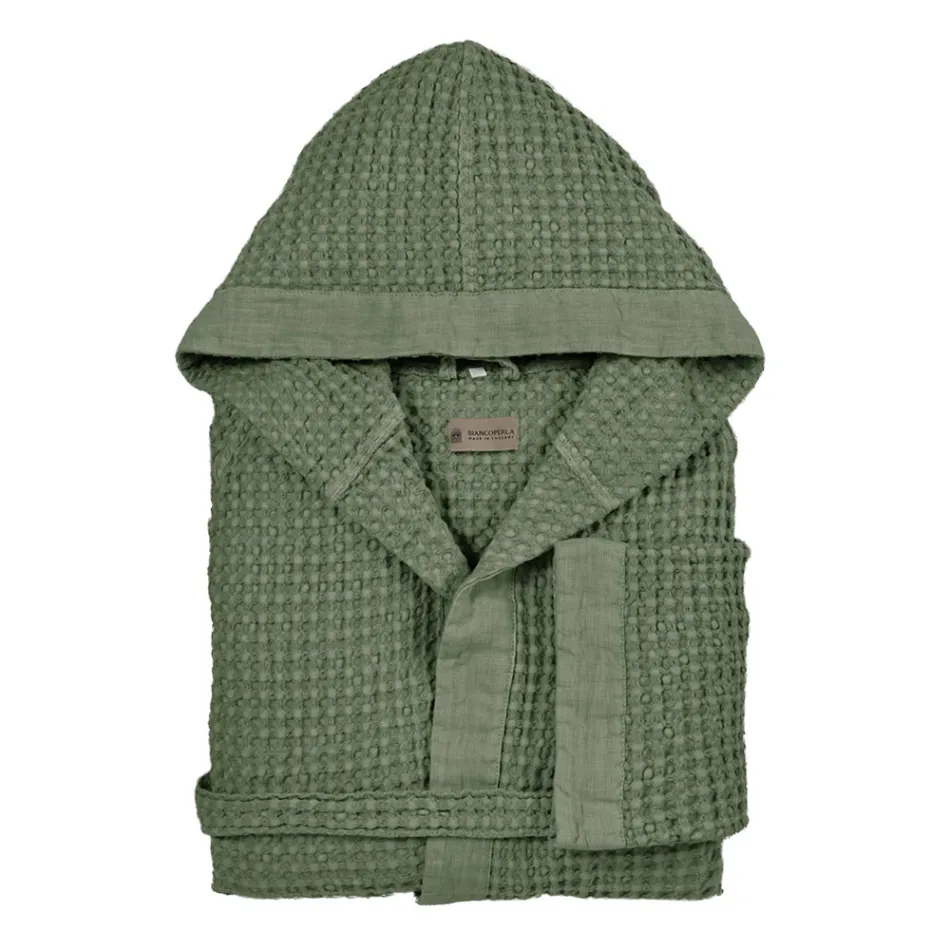 Accappatoio con Cappuccio in Nido D'Ape di Cotone con Balza di Lino - Plush Viadurini