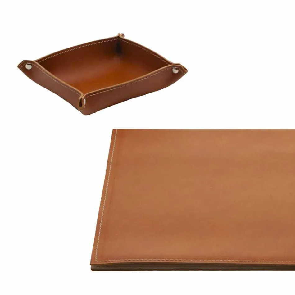 Accessori per Scrivania in Cuoio Rigenerato 5 Pezzi Made in Italy - Aristotele Viadurini