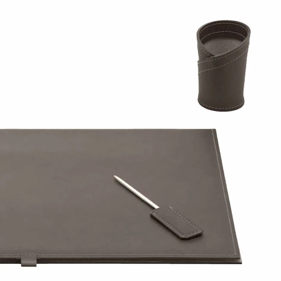 Accessori per Scrivania in Cuoio Rigenerato 5 Pezzi Made in Italy - Aristotele Viadurini