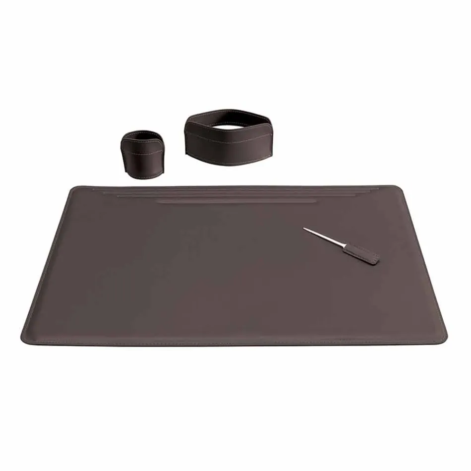 Accessori per Scrivania in Cuoio Rigenerato da 4 Pezzi Made in Italy - Ebe Viadurini