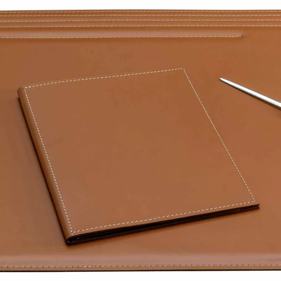 Accessori per Scrivania in Cuoio Rigenerato da 5 Pezzi Made in Italy - Ebe Viadurini