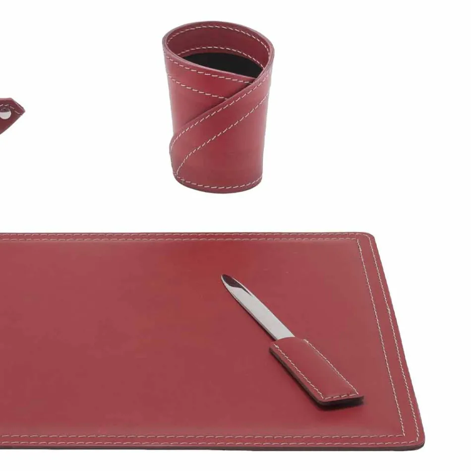 Accessori Scrivania in Cuoio Rigenerato da 4 Pezzi Made in Italy  - Ascanio Viadurini