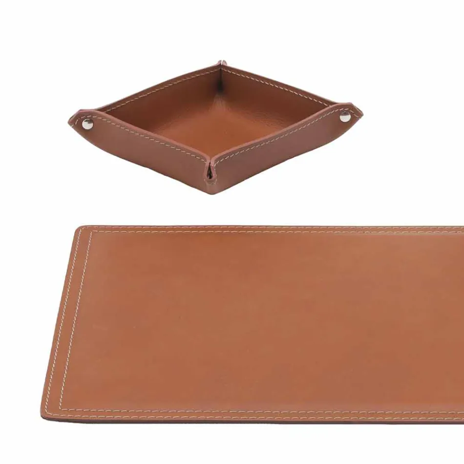 Accessori Scrivania in Cuoio Rigenerato da 4 Pezzi Made in Italy  - Ascanio Viadurini