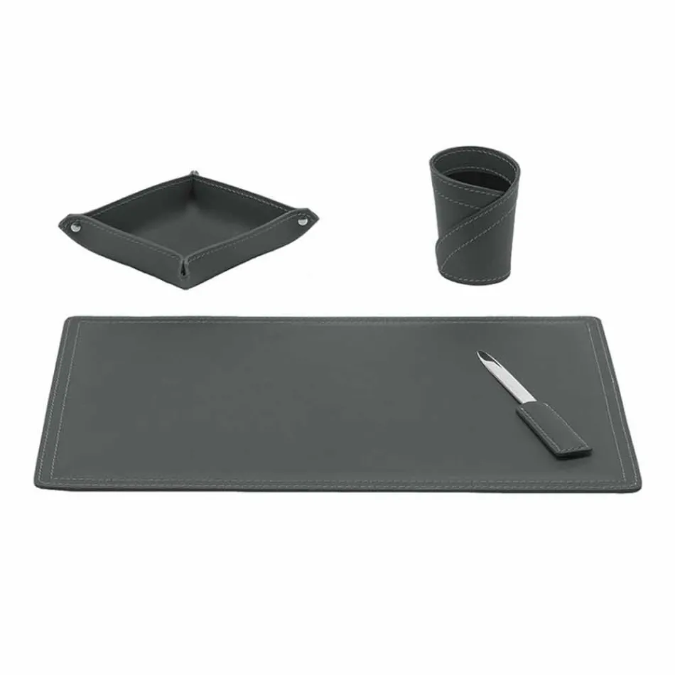 Accessori Scrivania in Cuoio Rigenerato da 4 Pezzi Made in Italy  - Ascanio Viadurini
