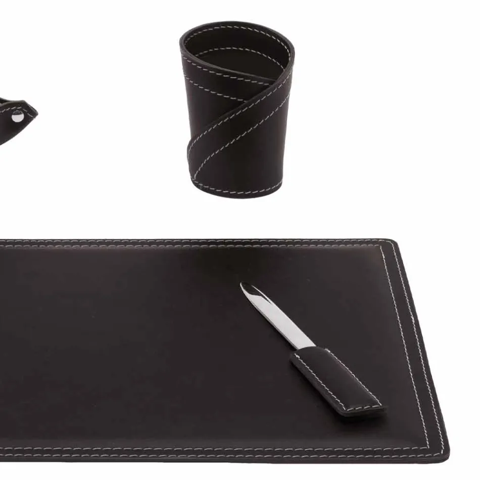Accessori Scrivania in Cuoio Rigenerato da 4 Pezzi Made in Italy  - Ascanio Viadurini