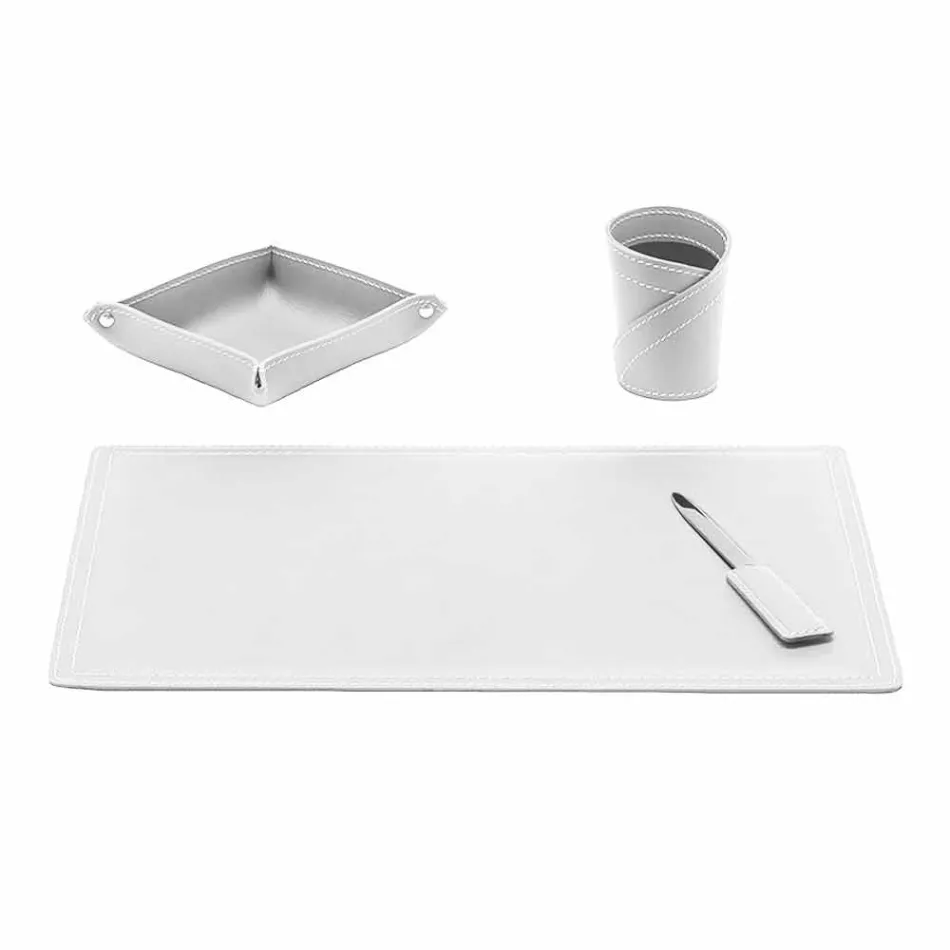 Accessori Scrivania in Cuoio Rigenerato da 4 Pezzi Made in Italy  - Ascanio Viadurini