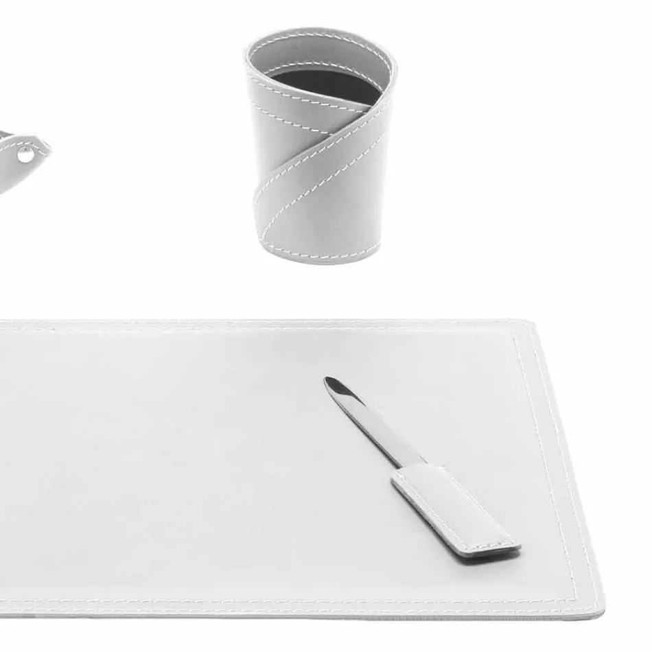 Accessori Scrivania in Cuoio Rigenerato da 4 Pezzi Made in Italy  - Ascanio Viadurini
