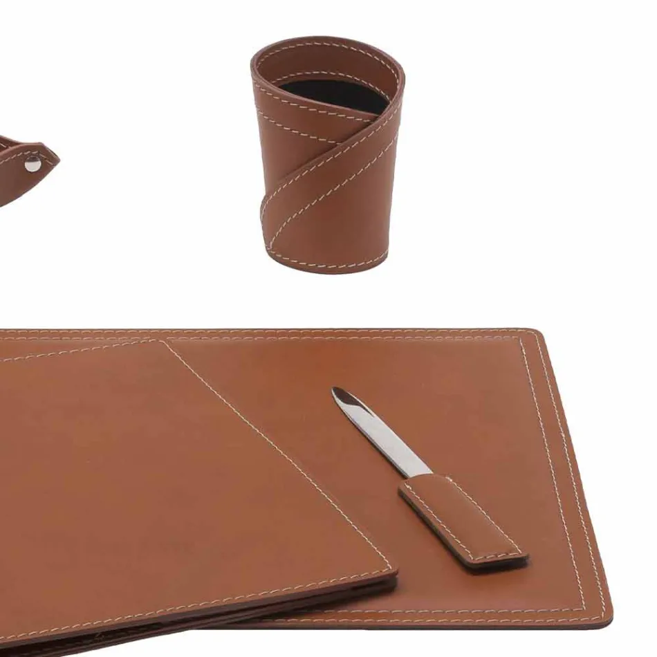 Accessori Scrivania in Cuoio Rigenerato da 5 Pezzi Made in Italy  - Ascanio Viadurini
