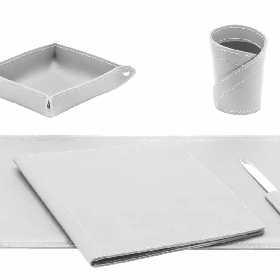 Accessori Scrivania in Cuoio Rigenerato da 5 Pezzi Made in Italy  - Ascanio Viadurini