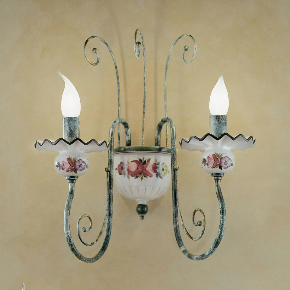 Applique 2 Luci in Ceramica Decorata a Mano e Ottone Anticato - Sanremo Viadurini