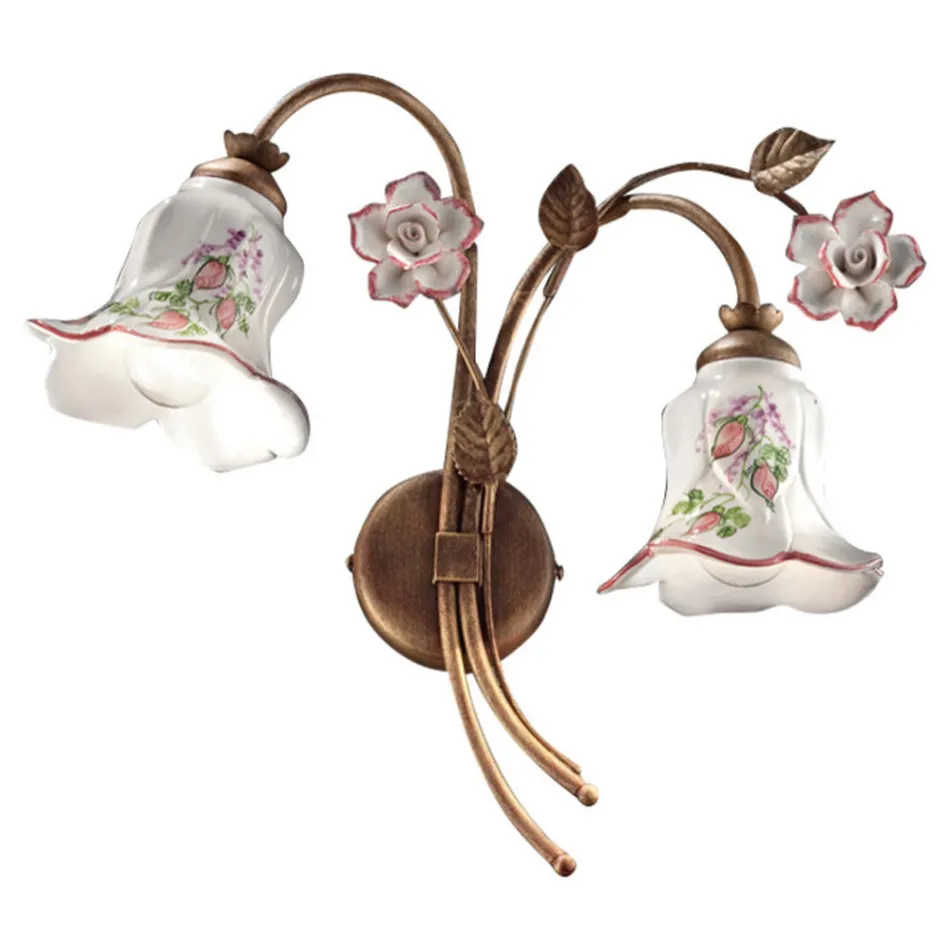 Applique a 2 Luci in Metallo e Ceramica Decorata a Mano con Rosa - Pisa Viadurini
