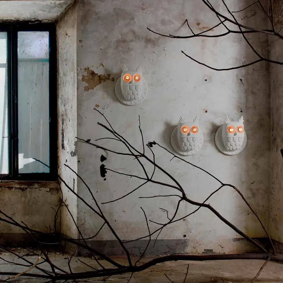 Applique a Muro 2 Luci in Ceramica Bianca Opaca Design Moderno Civetta - Gufo Viadurini