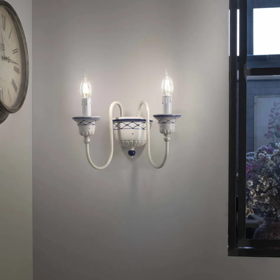 Applique a Muro a 2 Luci in Ceramica e Ottone Dipinta a Mano - Sanremo Viadurini