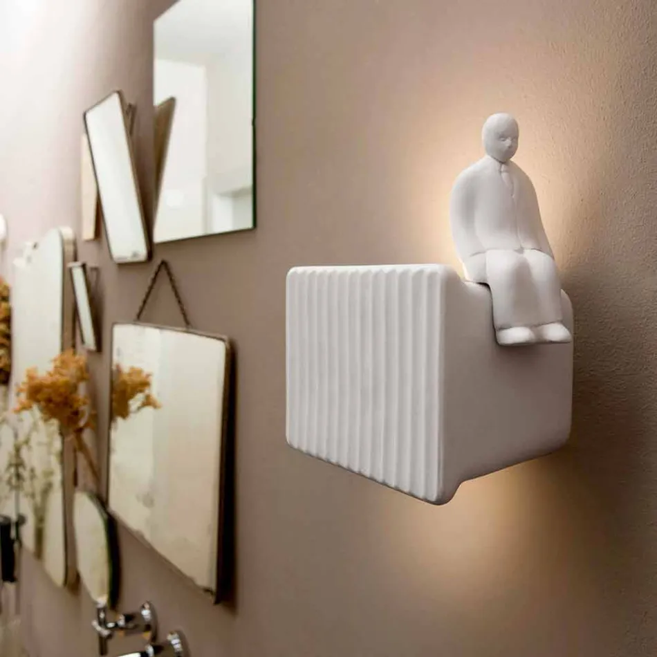 Applique a Muro a 3 Luci Led in Ceramica Bianca Opaca con Umarell - Ometto Viadurini