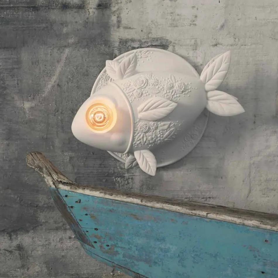 Applique a Parete in Ceramica Bianca Opaca Design a Pesce Decorato - Pesce Viadurini