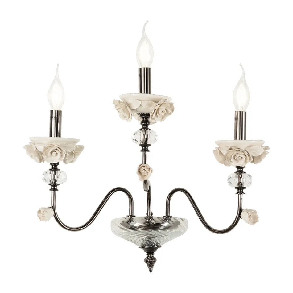 Applique Classica 3 Luci in Porcellana e Vetro Soffiato Lusso - Eteria Viadurini