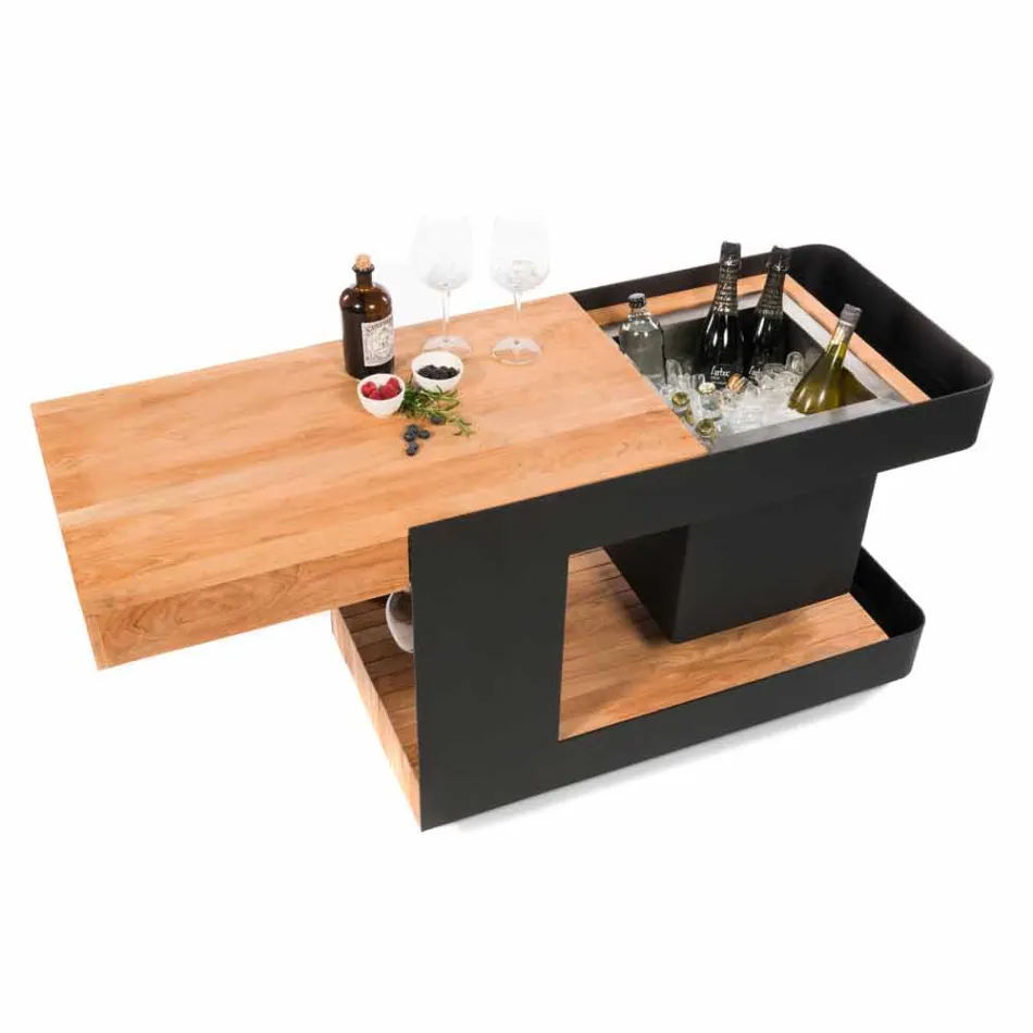 Bar Mobile Moderno su Ruote Design con Tavolo in Legno e Acciaio - Giancalliope Viadurini