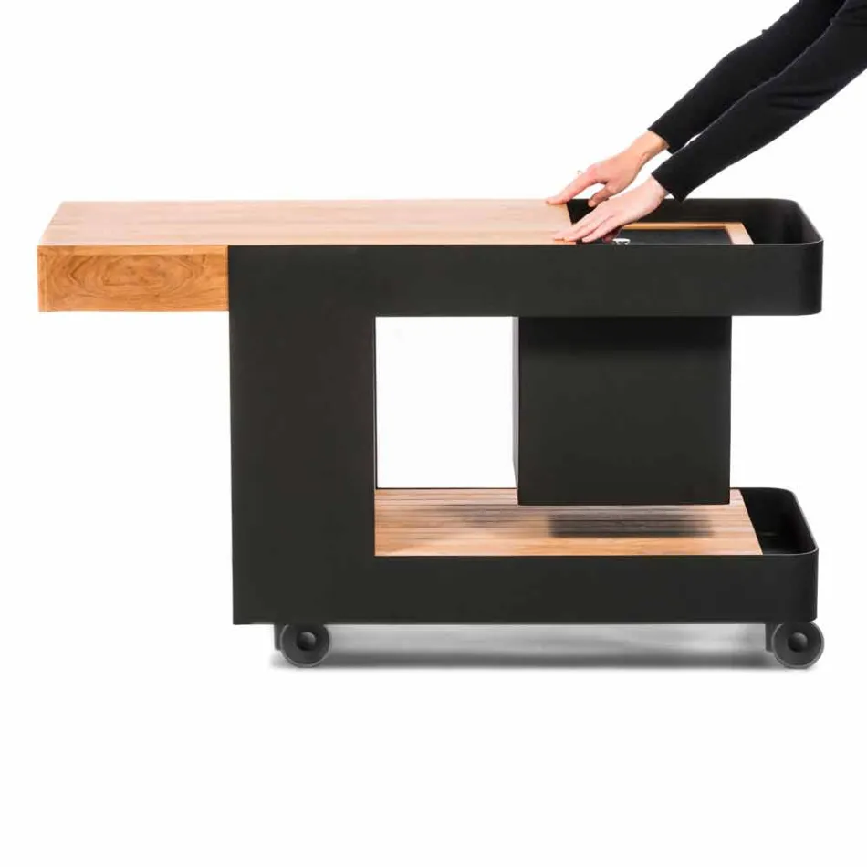 Bar Mobile Moderno su Ruote Design con Tavolo in Legno e Acciaio - Giancalliope Viadurini