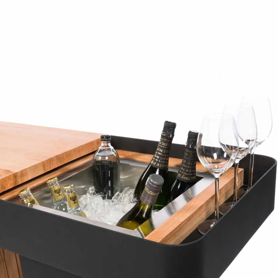 Bar Mobile Moderno su Ruote Design con Tavolo in Legno e Acciaio - Giancalliope Viadurini