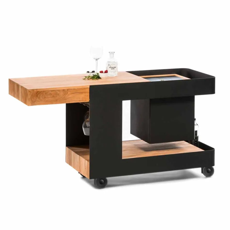 Bar Mobile Moderno su Ruote Design con Tavolo in Legno e Acciaio - Giancalliope Viadurini