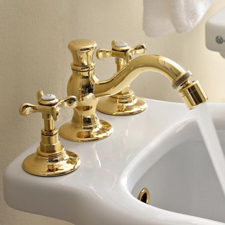 Batteria Bidet a 3 Fori con Scarico in Ottone Fatto a Mano Classica - Fioretta Viadurini