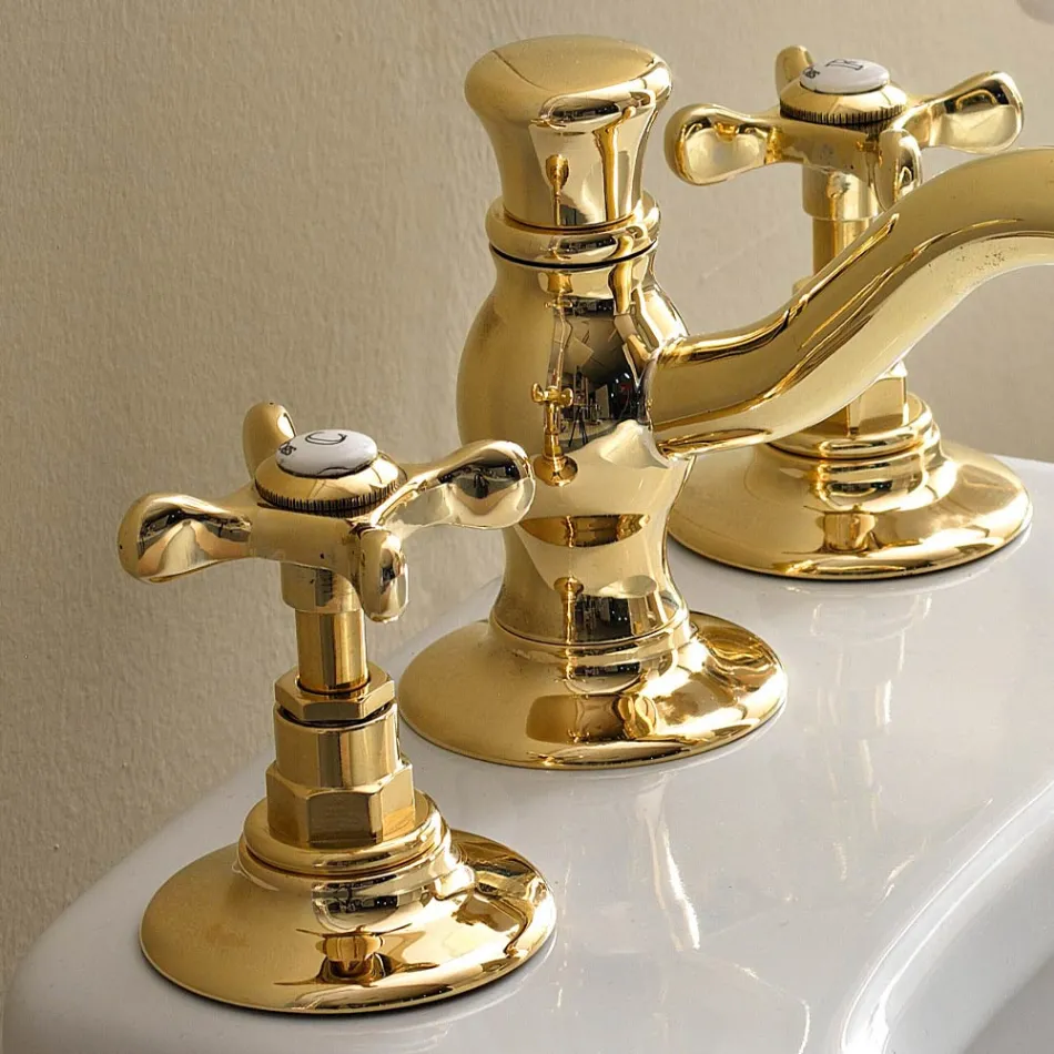 Batteria Bidet a 3 Fori con Scarico in Ottone Fatto a Mano Classica - Fioretta Viadurini