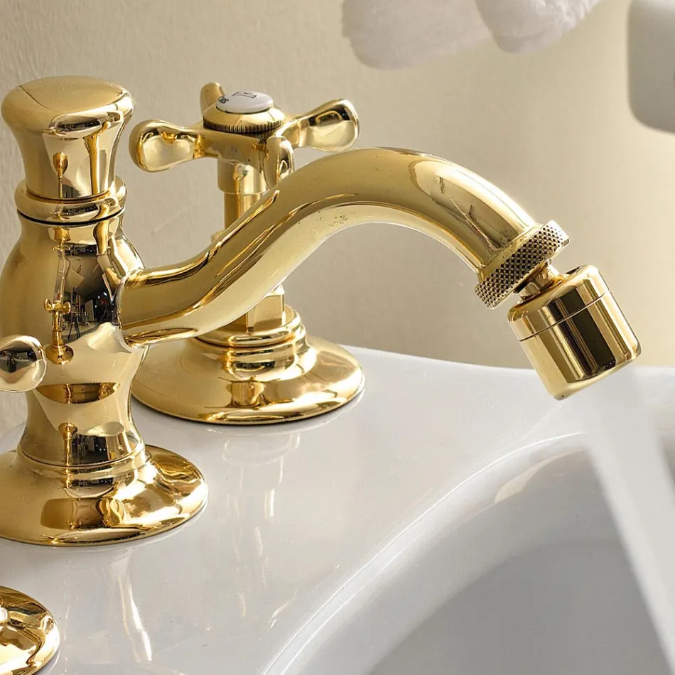 Batteria Bidet a 3 Fori con Scarico in Ottone Fatto a Mano Classica - Fioretta Viadurini