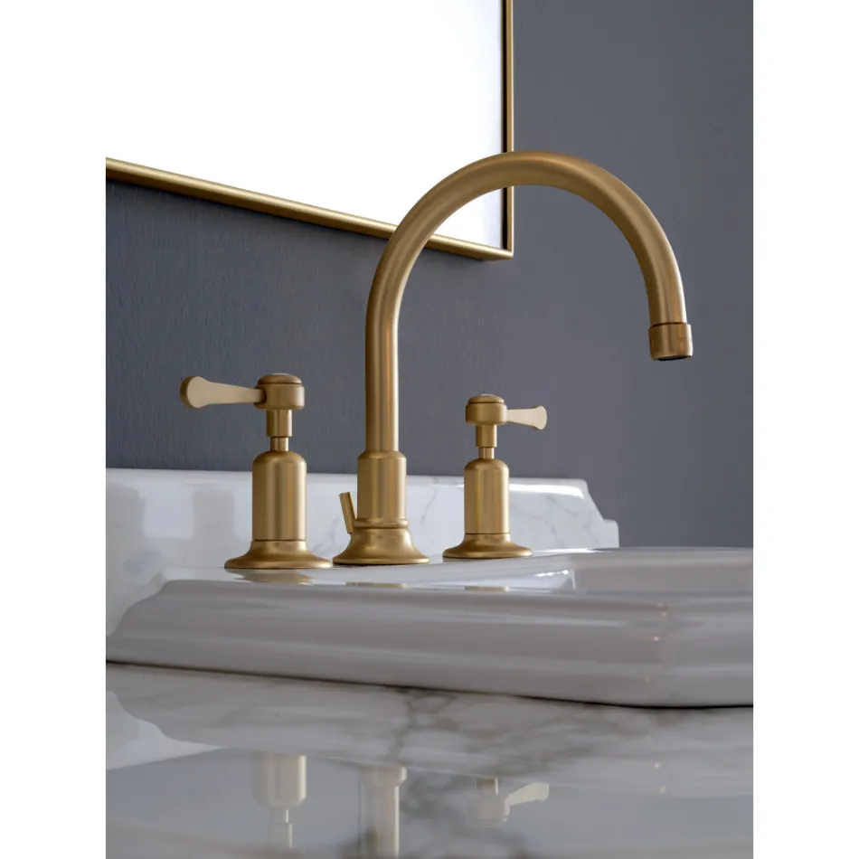 Batteria Lavabo 3 Fori Bocca Alta con Scarico Ottone Made in Italy - Red Viadurini