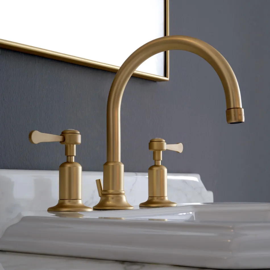 Batteria Lavabo 3 Fori Bocca Alta con Scarico Ottone Made in Italy - Red Viadurini