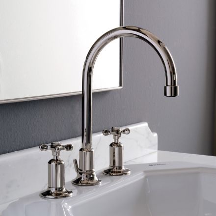 Batteria Lavabo 3 Fori Bocca Alta in Finitura Nichel Made in Italy - Red Viadurini