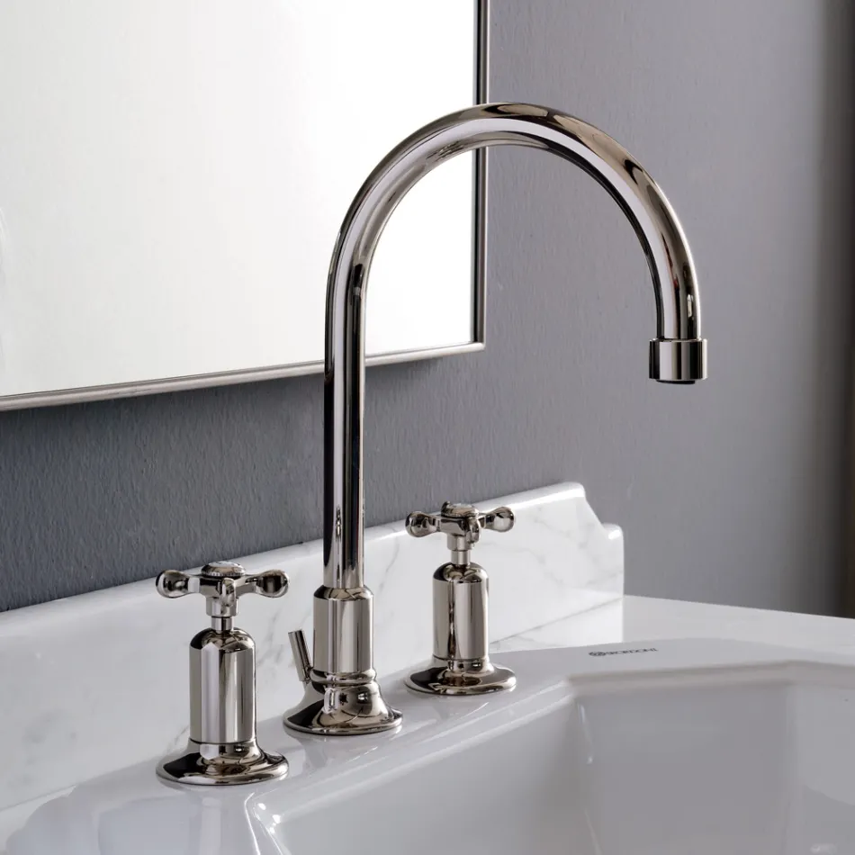 Batteria Lavabo 3 Fori Bocca Alta in Finitura Nichel Made in Italy - Red Viadurini