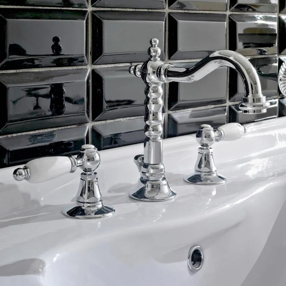 Batteria Lavabo 3 Fori con Scarico Ottone Stile Classico Artigianale - Noriana Viadurini