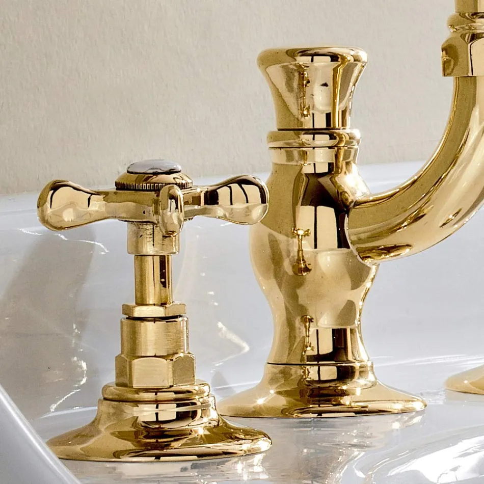 Batteria Lavabo a 3 Fori Bocca Alta in Ottone Fatto a Mano Classico - Fioretta Viadurini