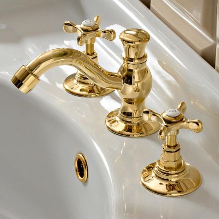 Batteria Lavabo a 3 Fori con Scarico in Ottone Fatto a Mano Classico - Fioretta Viadurini