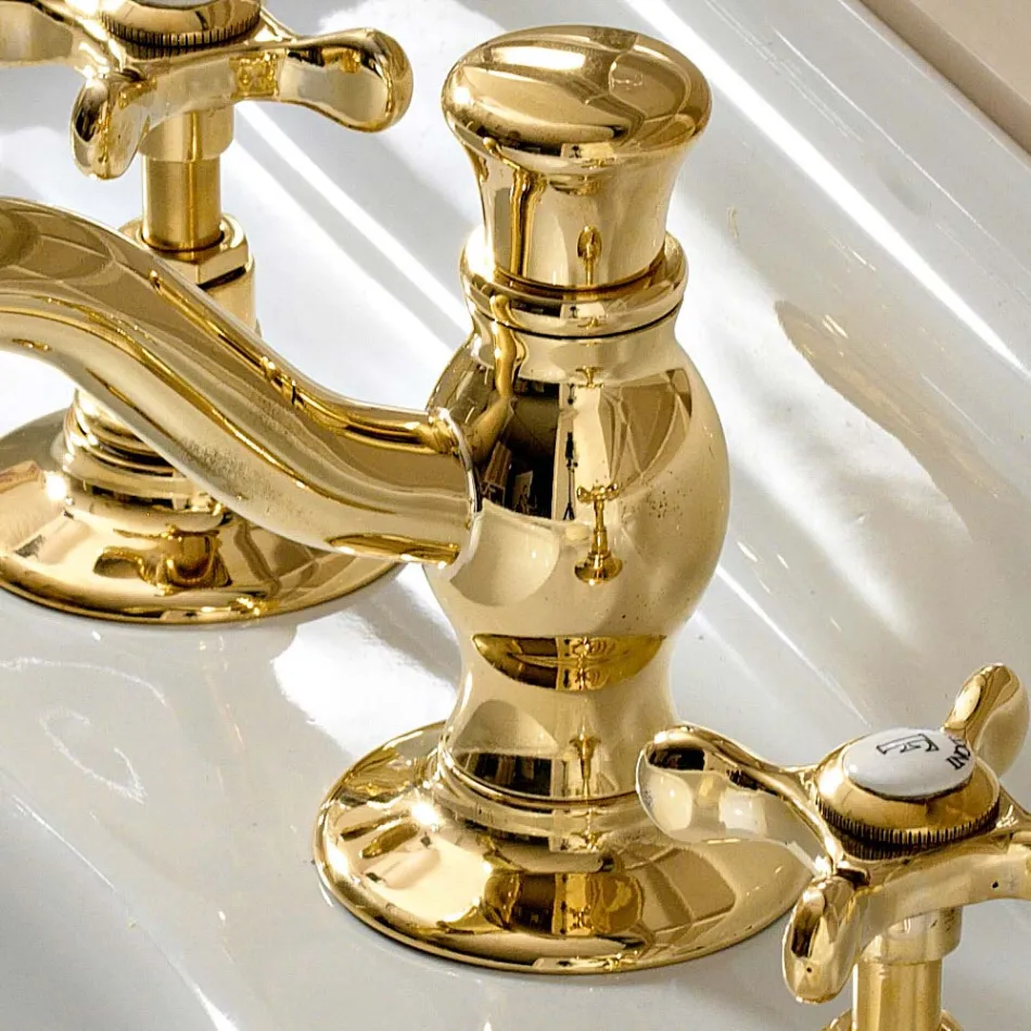 Batteria Lavabo a 3 Fori con Scarico in Ottone Fatto a Mano Classico - Fioretta Viadurini