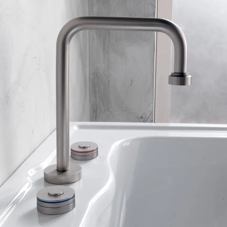 Batteria Lavabo Moderna 3 Fori con Linee Rosso e Blu Made in Italy - Quito Viadurini