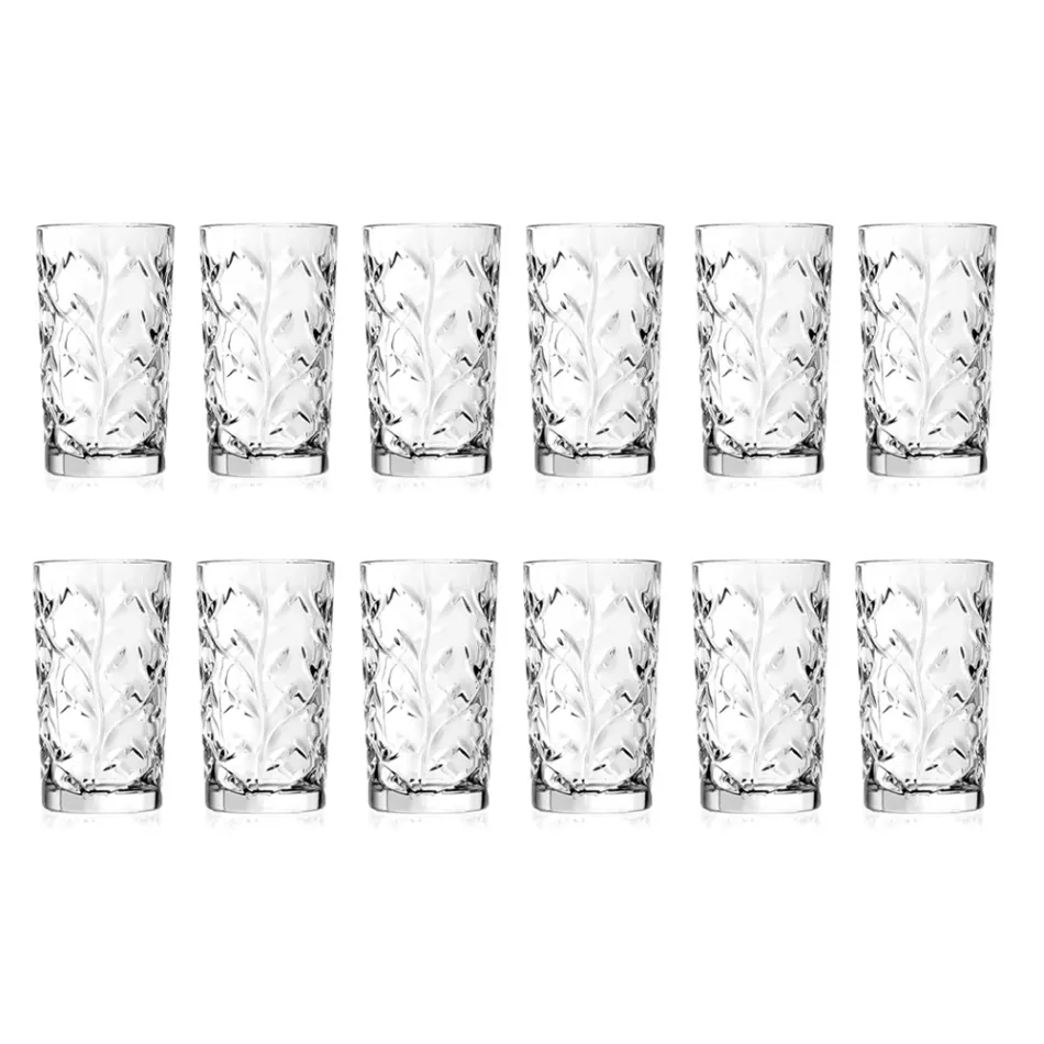 Bicchieri Tumbler Alti in Eco Cristallo Decoro a Foglia 12 Pz - Magnolio Viadurini