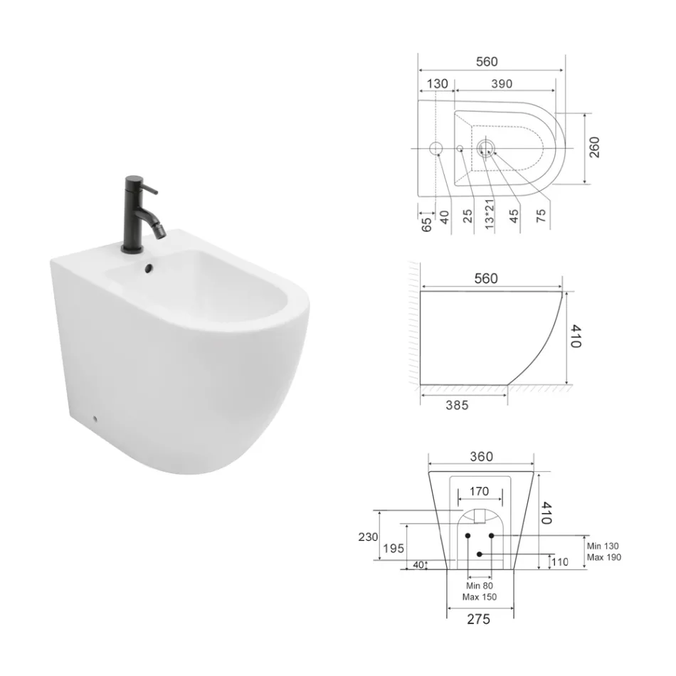 Bidet Monoforo a Terra in Ceramica Bianca Resistente e Design Moderno - Olmo Viadurini
