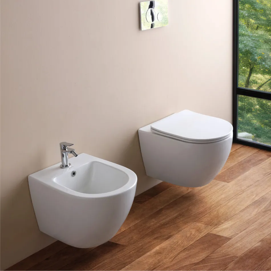 Bidet Monoforo Sospeso in Ceramica Bianca dal Design Moderno - Ginepro Viadurini