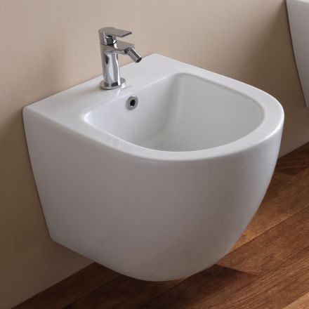 Bidet Monoforo Sospeso in Ceramica Bianca dal Design Moderno - Ginepro Viadurini