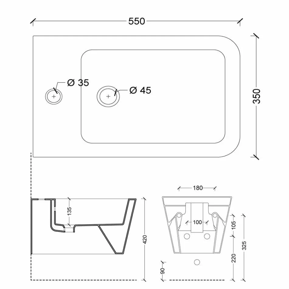 Bidet sospeso in ceramica di design Sun Square 55x35cm, made in Italy Viadurini