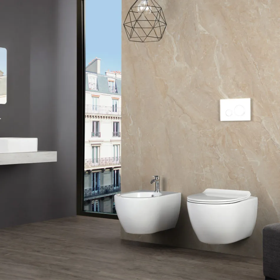 Bidet Sospeso Monoforo in Ceramica Bianca Resistente dal Design Moderno - Aster Viadurini