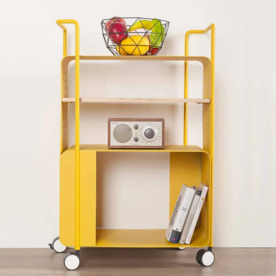 Carrello di Design in Acciaio con Piano in Frassino Made in Italy - Murella Viadurini