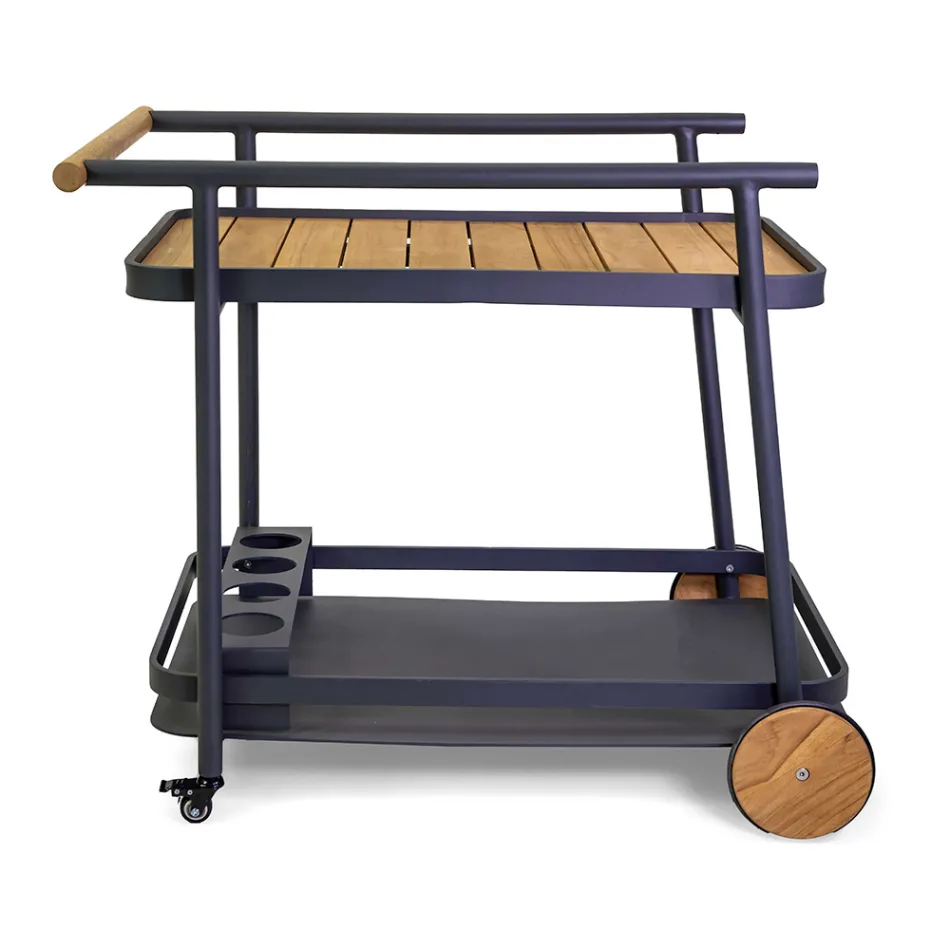 Carrello in Alluminio di Diverse Finiture con Ruote e Dettagli in Teak - Tenda Viadurini