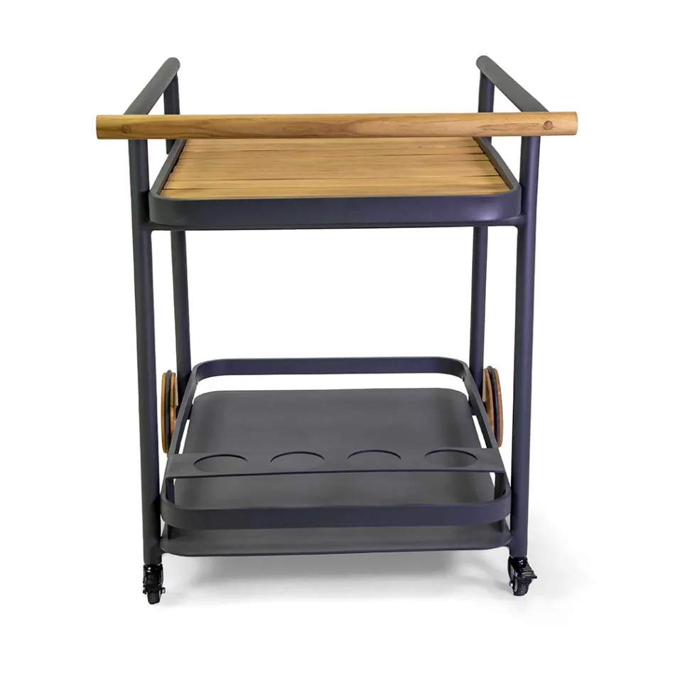 Carrello in Alluminio di Diverse Finiture con Ruote e Dettagli in Teak - Tenda Viadurini