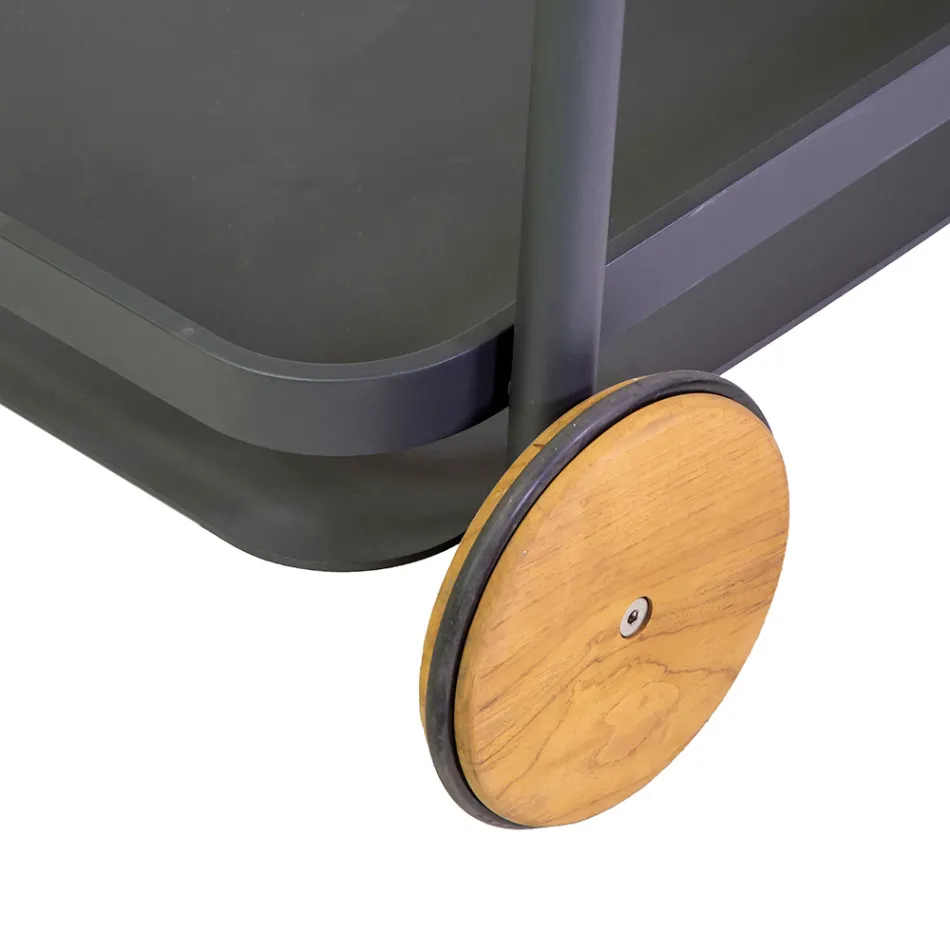 Carrello in Alluminio di Diverse Finiture con Ruote e Dettagli in Teak - Tenda Viadurini