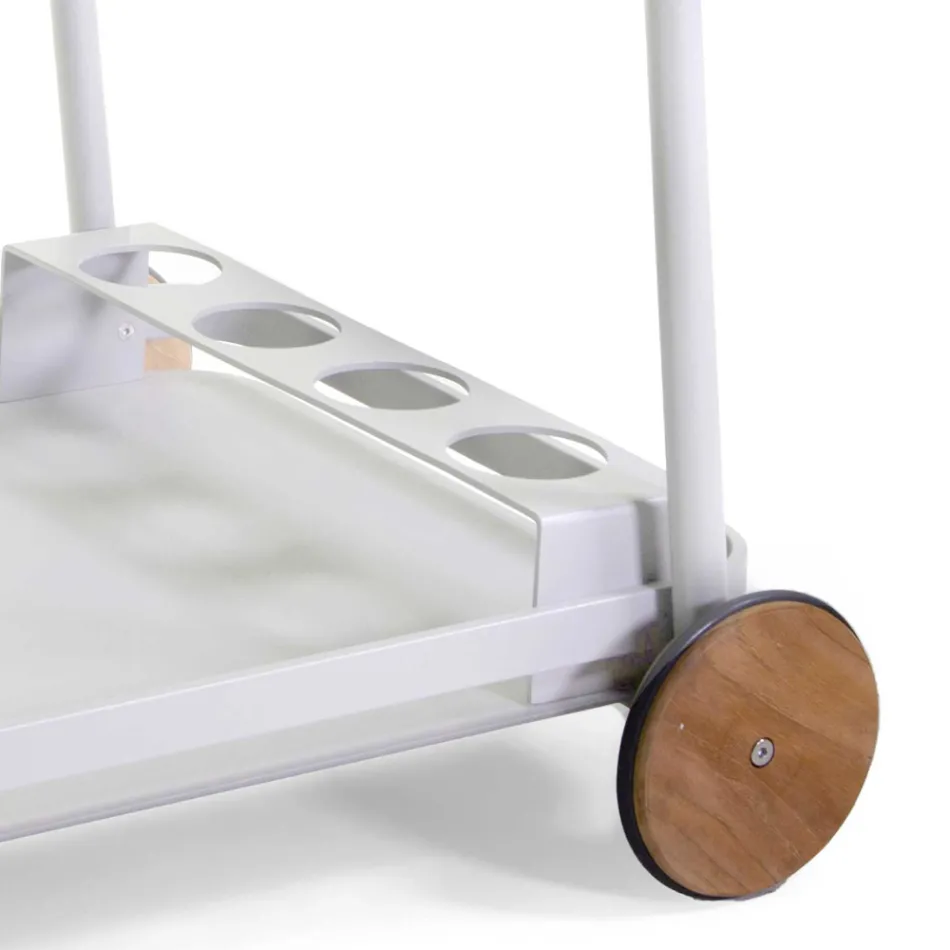 Carrello in Alluminio di Diverse Finiture con Ruote e Dettagli in Teak - Tenda Viadurini